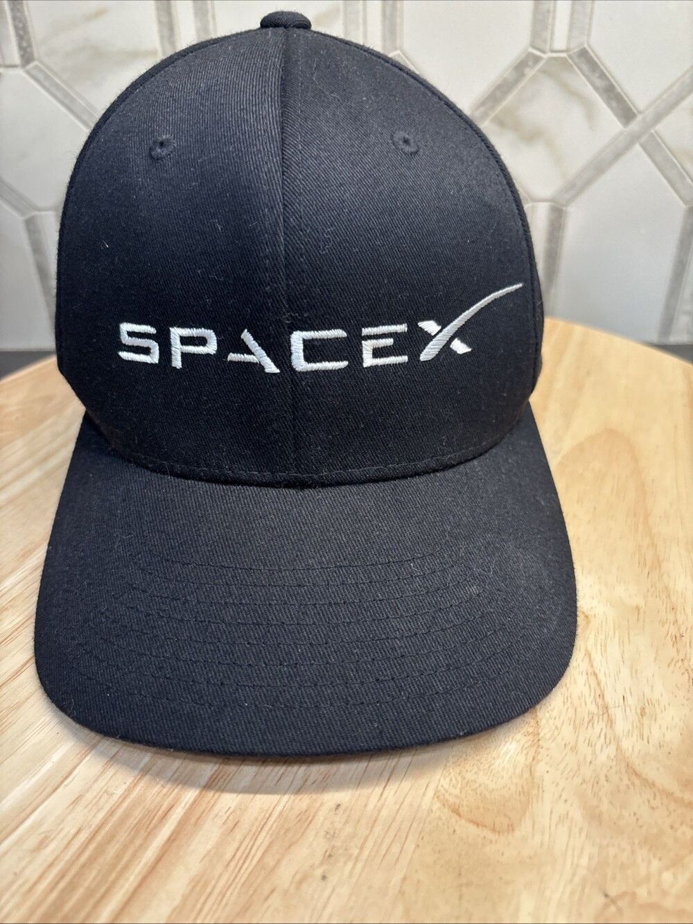 SpaceX Flexfit Hat Cap Fitted Mens S/M Black Logo Embroidered Stretch Baseball